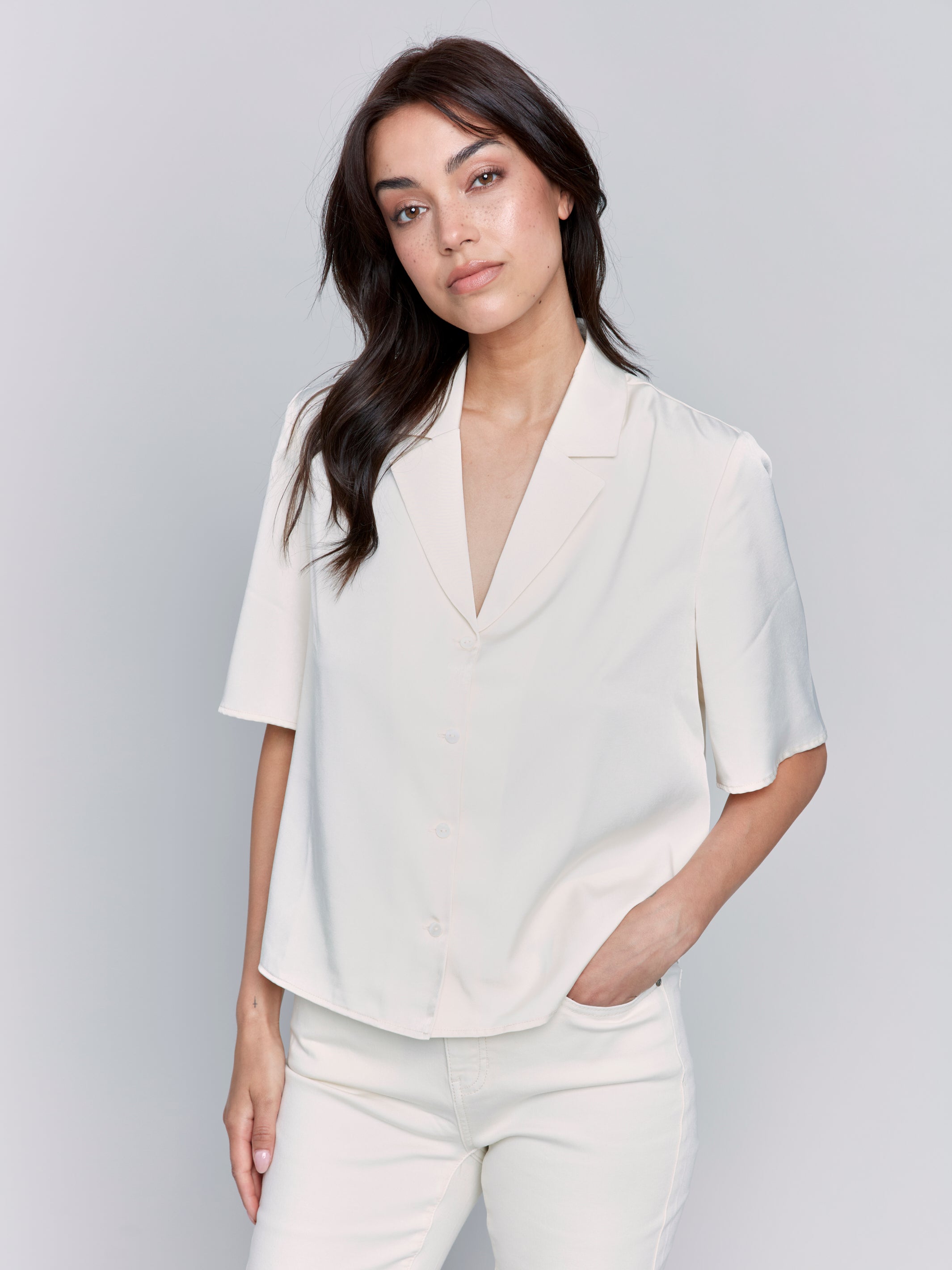 Tailored Collar Short Sleeve Blouse Ecru