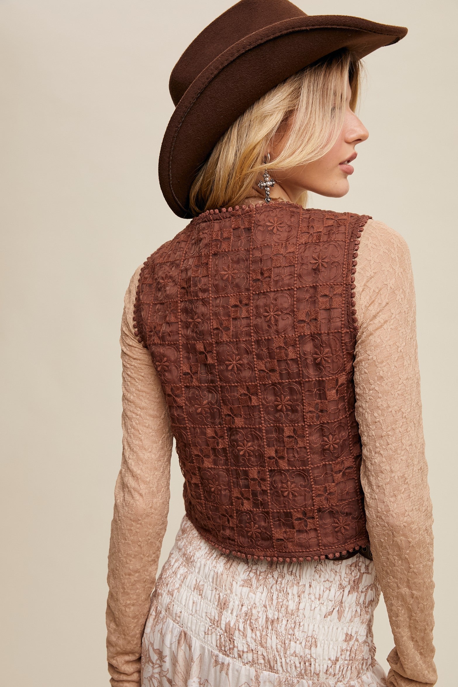Embroidered Lace Tie-front Vest Mocha