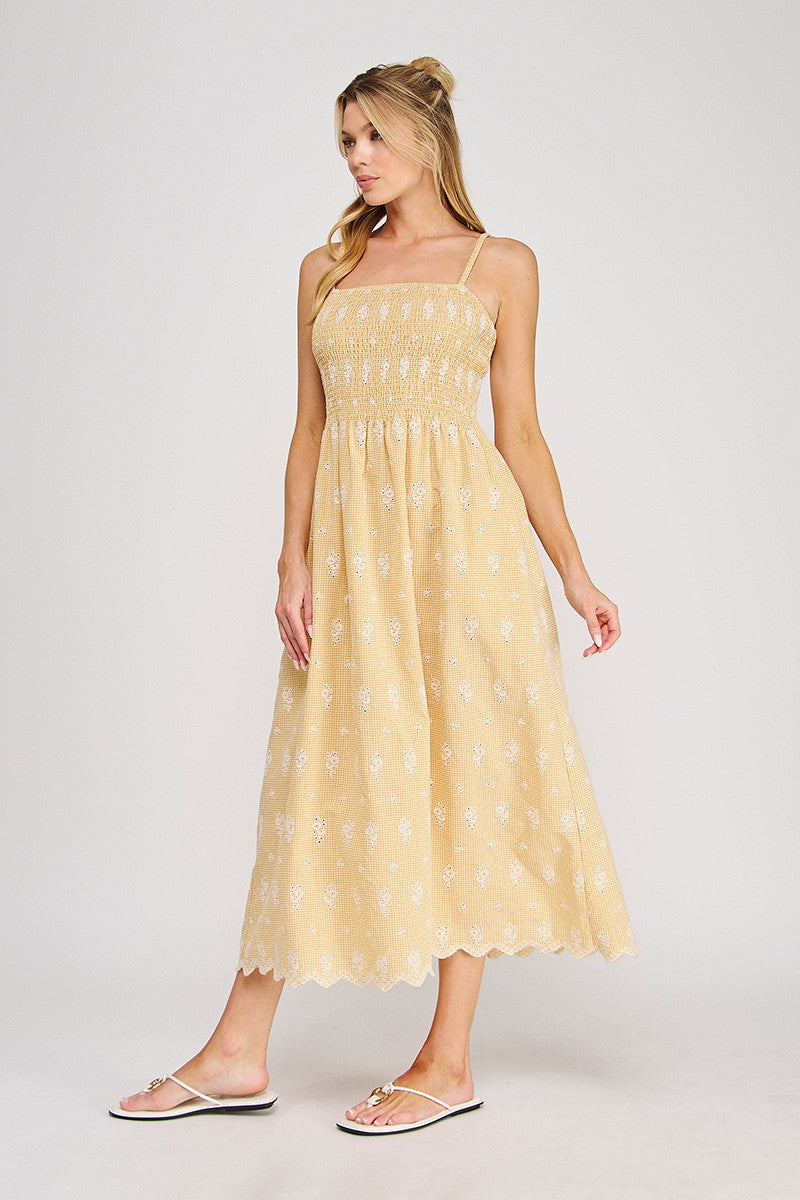 Embroidered Floral Gingham Smocked Maxi Dress Yellow
