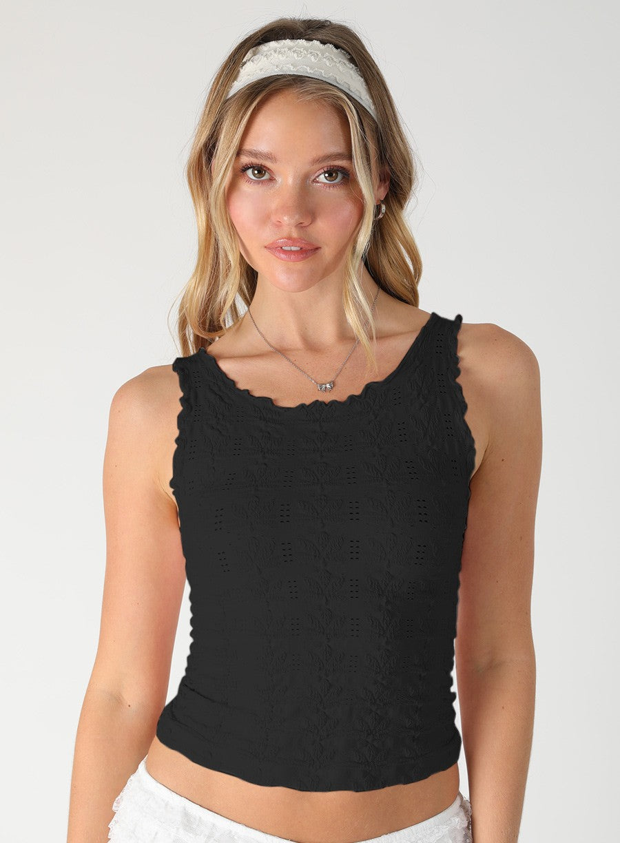 Floral Texture Ruffle Edge Tank Black