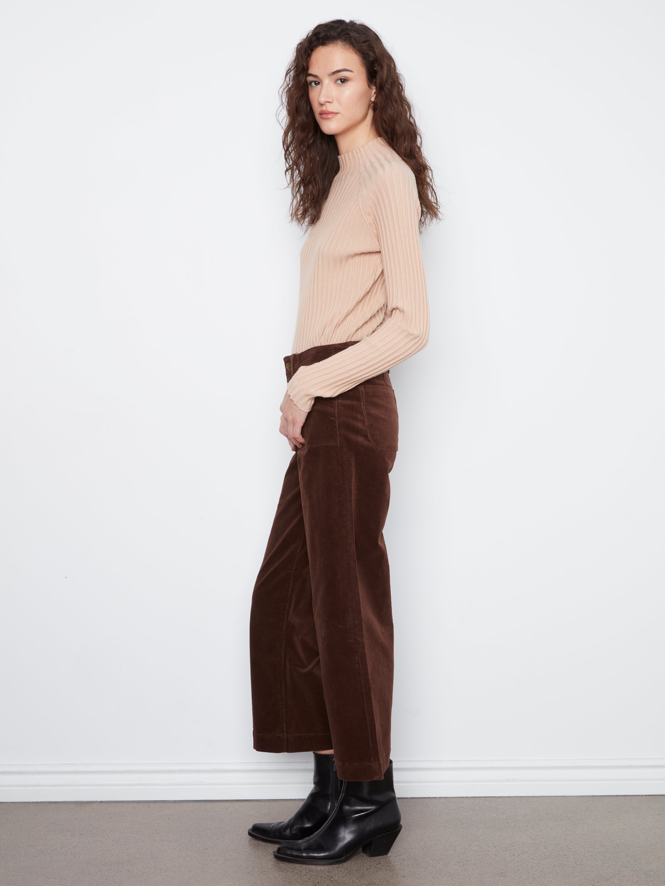 Cropped Wide Leg Patch Pocket Corduroy Pants Coffee