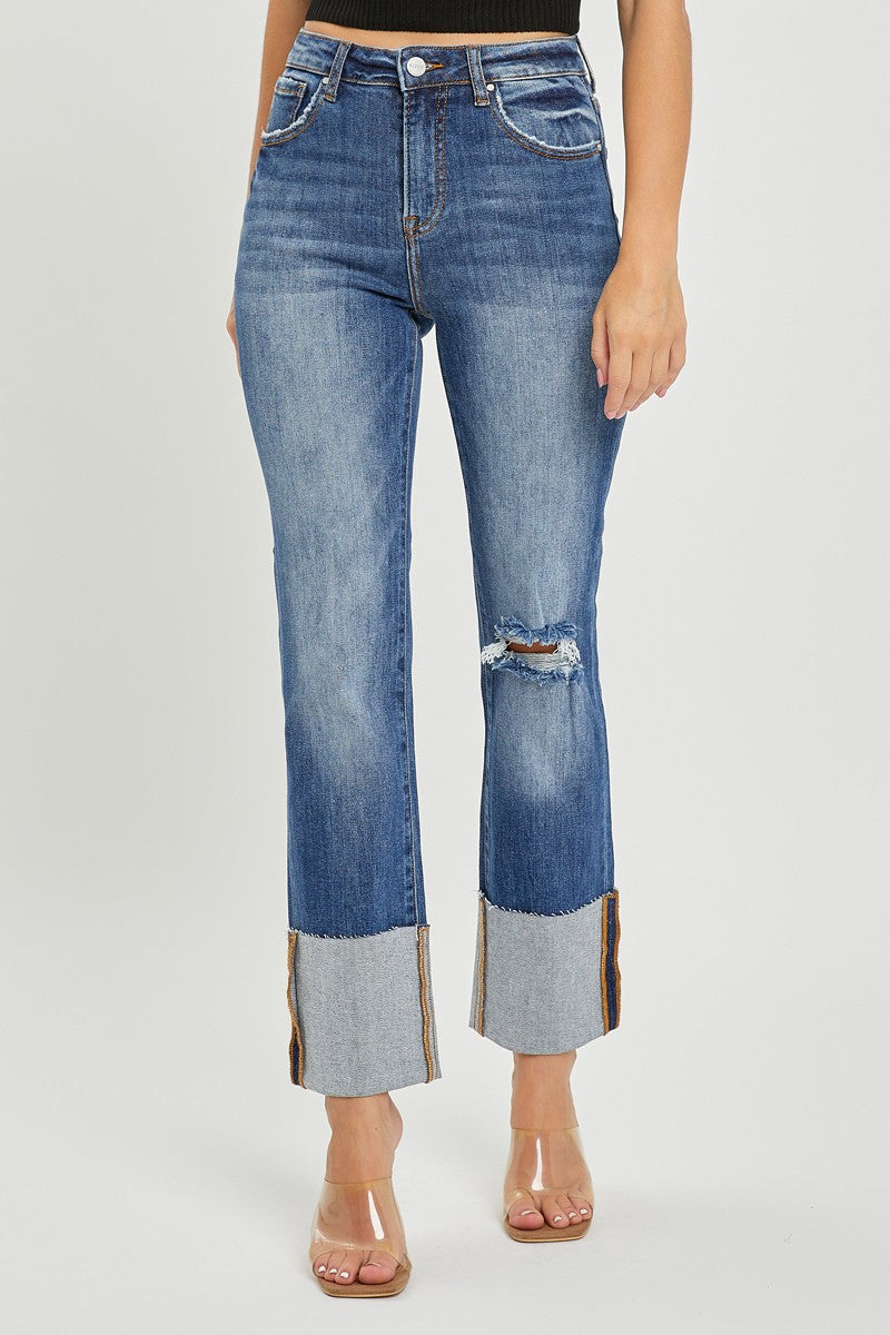 High Rise Wide Cuffed Straight Jeans Dark