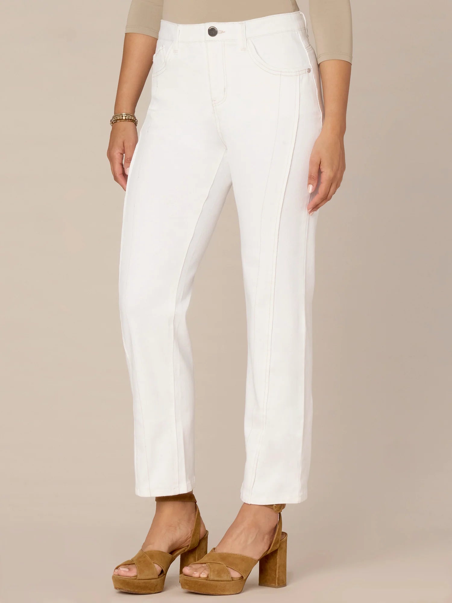 High Rise Spliced Ankle Front Seam Straight Leg Pants Optic White