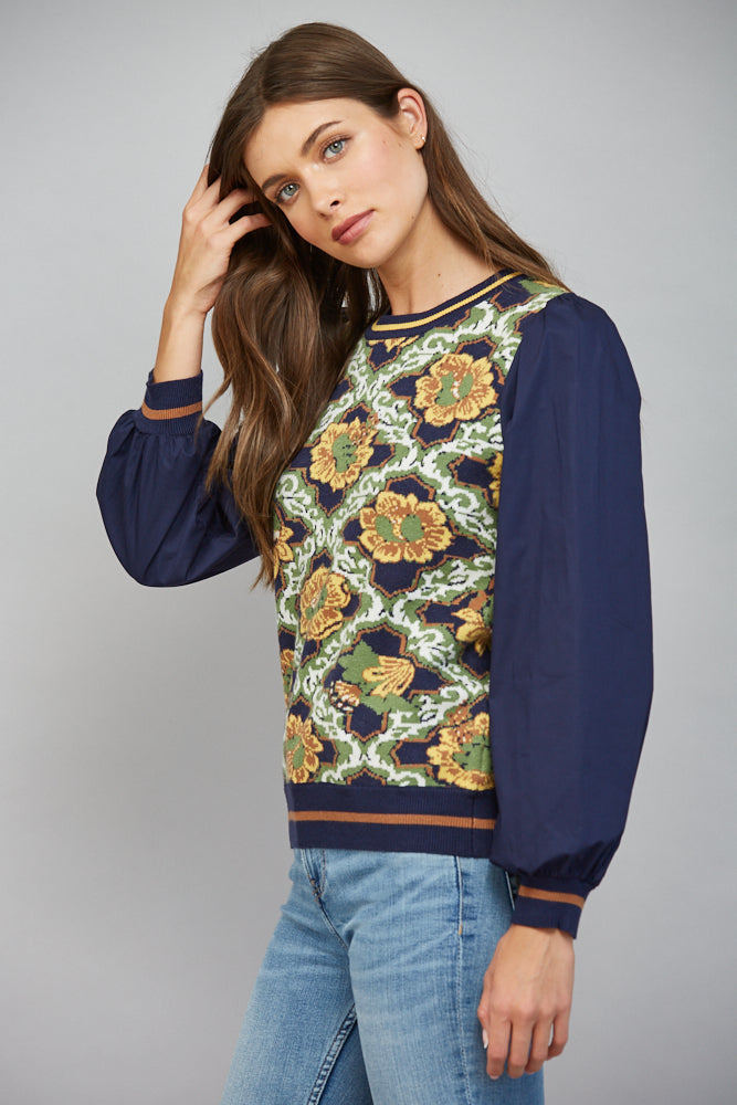 Contrast Printed Floral Pattern Crew Neck Sweater Navy Multi