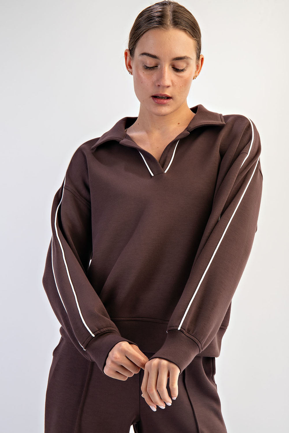 Modal Scuba Double Piping Polo Top Espresso + Cream