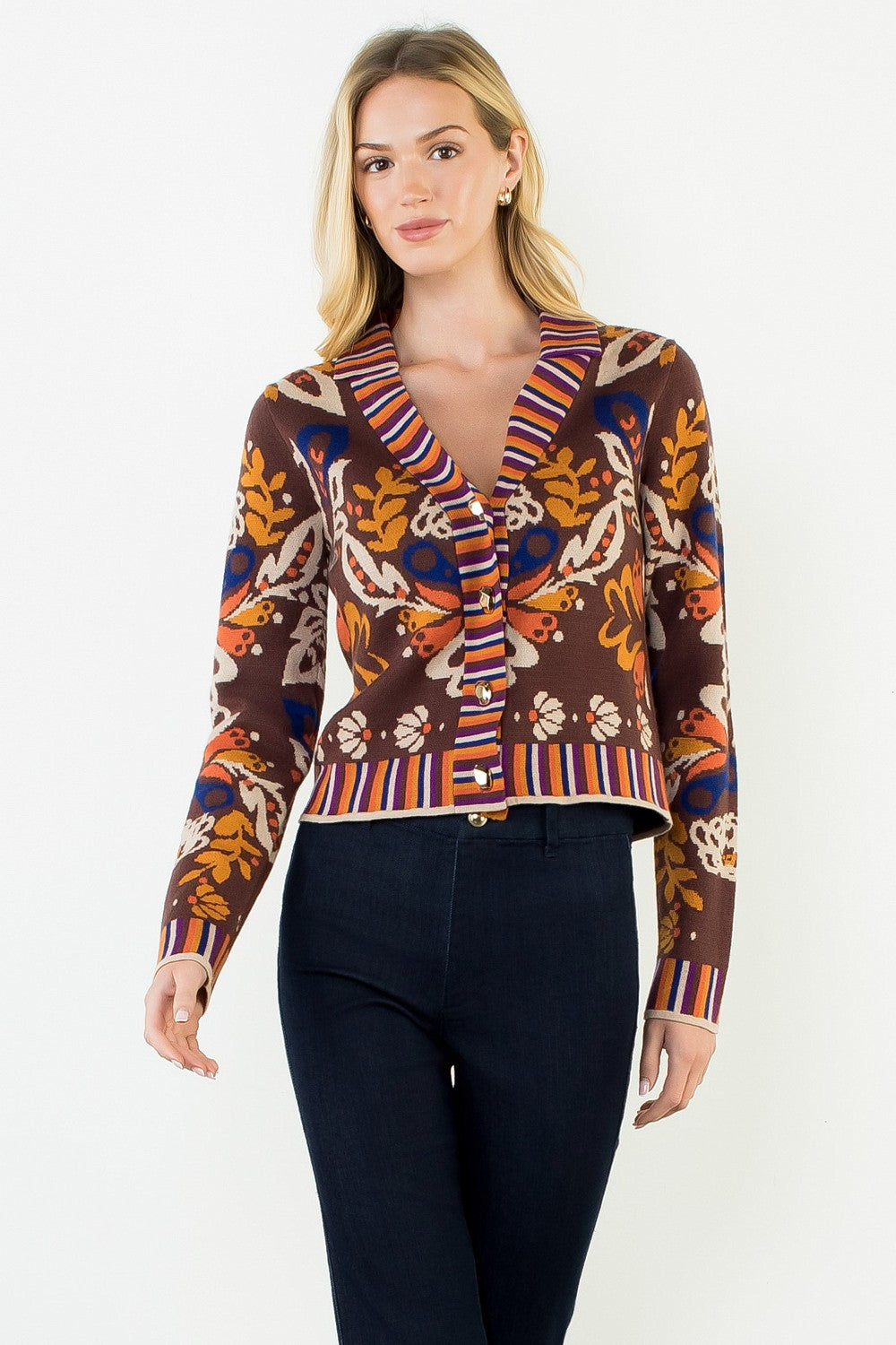 Floral Vneck Gold Button Cardigan Brown