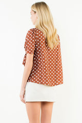 Tied Short Sleeve Polka Dot Top Brown