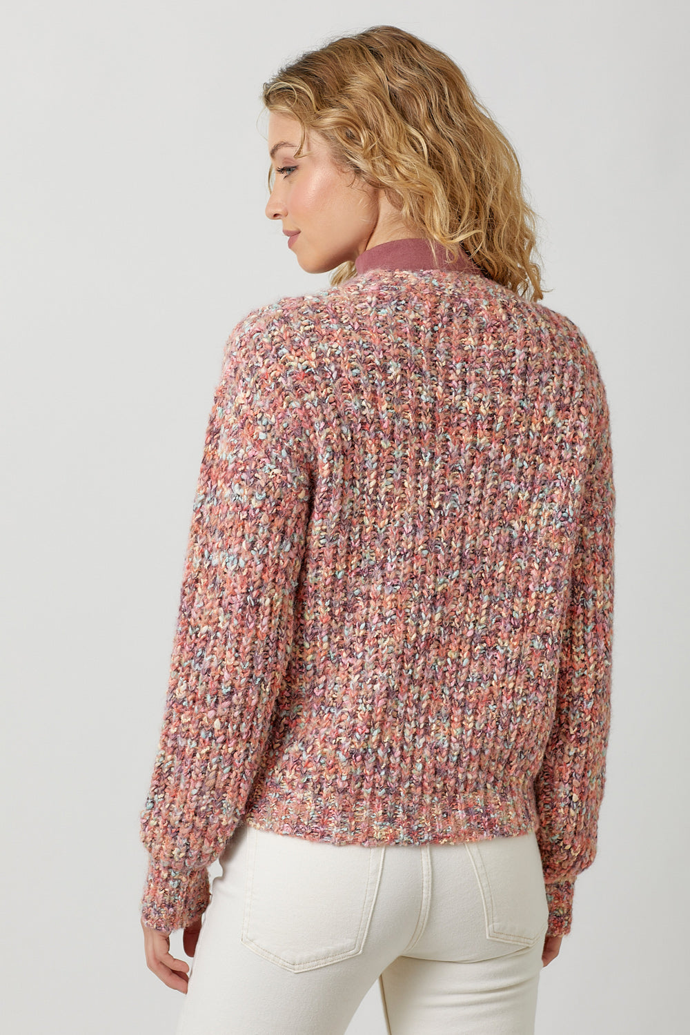 Bubble Sleeve Mix Yarn Chunky Buttoned Cardi Berry Mix