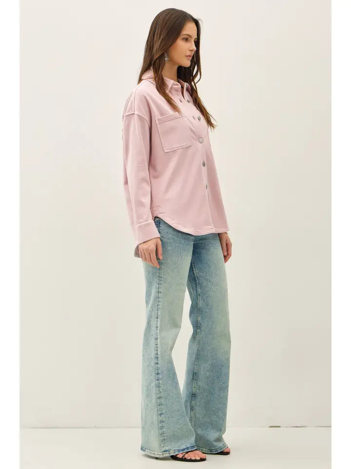 Knit Denim Wash Oversize Shacket Dusty Pink