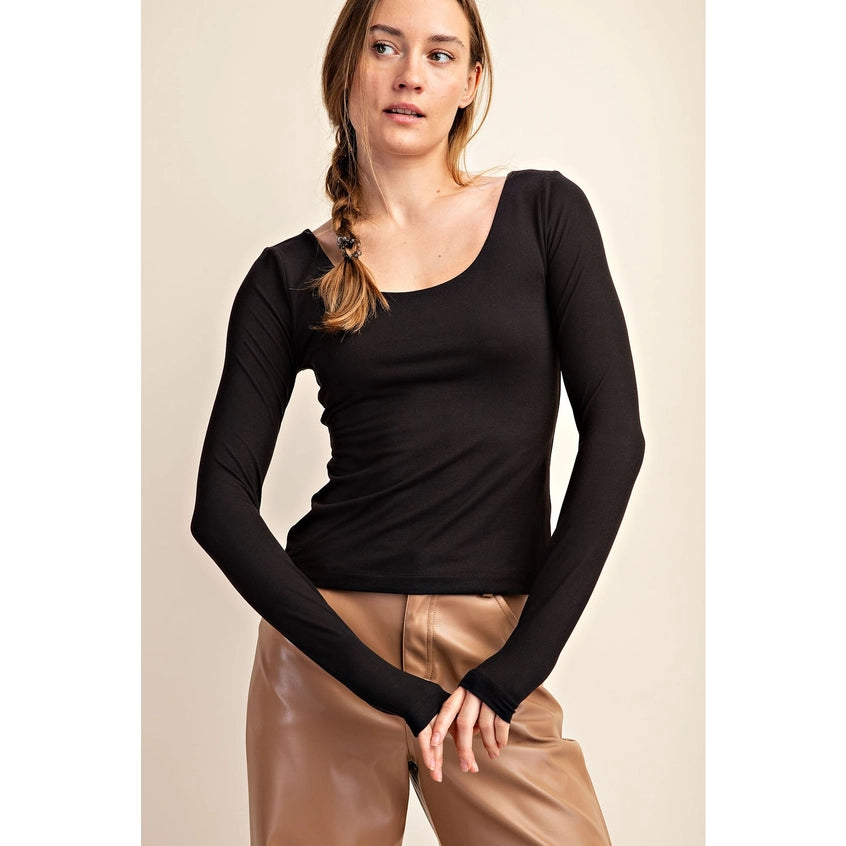 Butter Round Neck Long Sleeve Layering Top Black