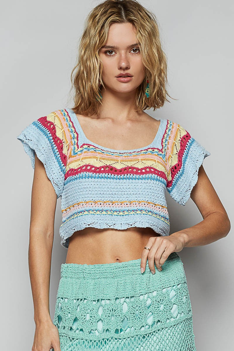 Stripe Crochet Ethnic Pattern Cropped Sweater Top Sky Blue Multi