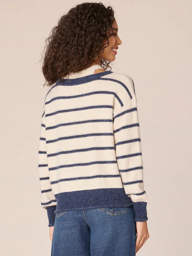 Vneck Novelty Stitch Stripe Twofer Sweater Navy + Ecru