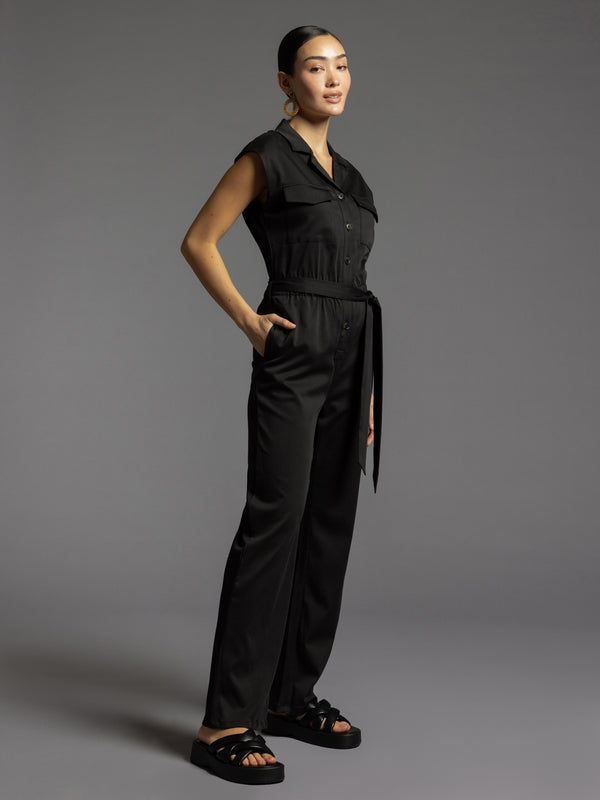 Downtown Sleeveless Belted Jumpsuit Black