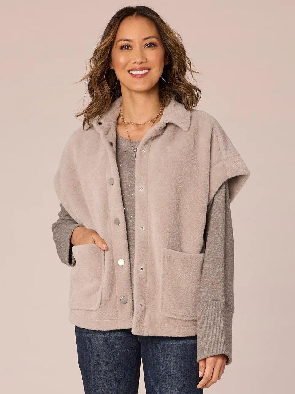 Drop Shoulder Button Front Fuzzy Vest Light Cement