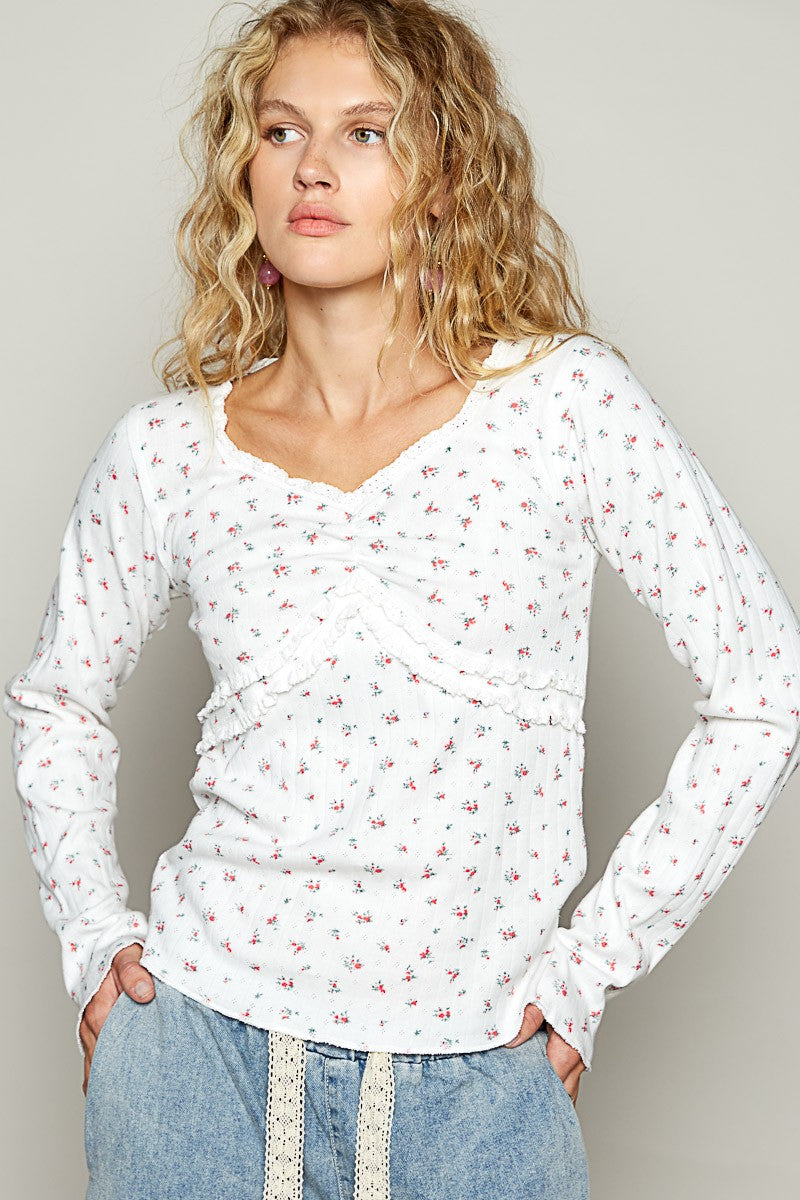 Vintage Washed Ruffle Details Mini Floral Long Sleeve White Floral