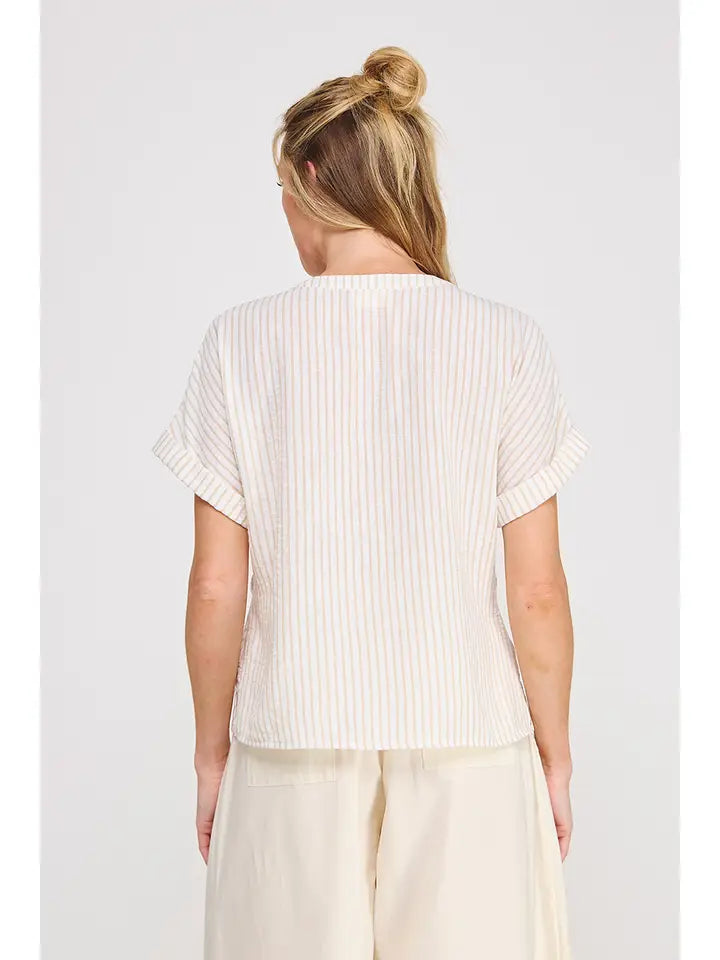 Button Down Stripe Tie Front Top Natural