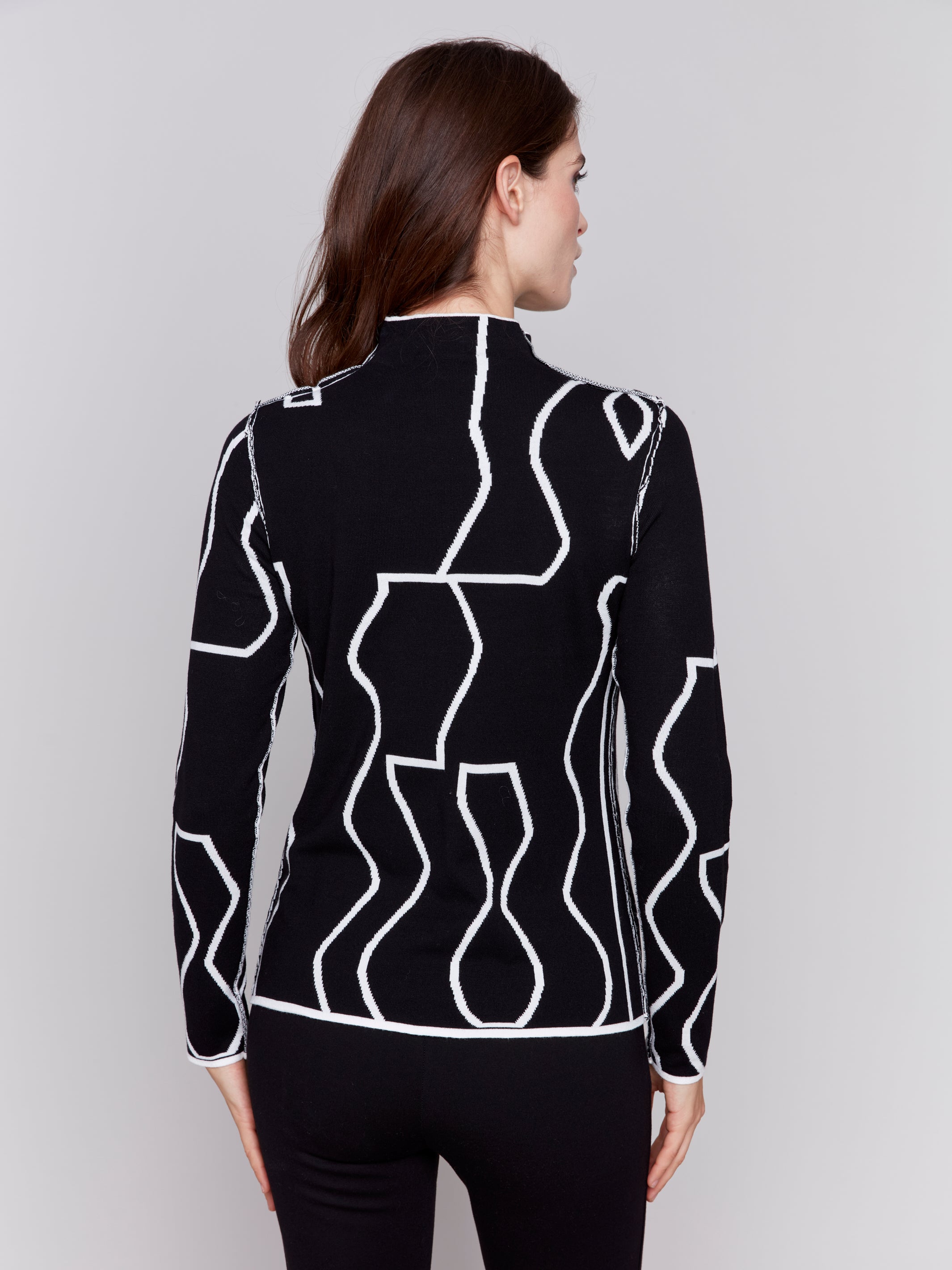 Gutsy Print Mock Neck Knit Sweater Black + Cream