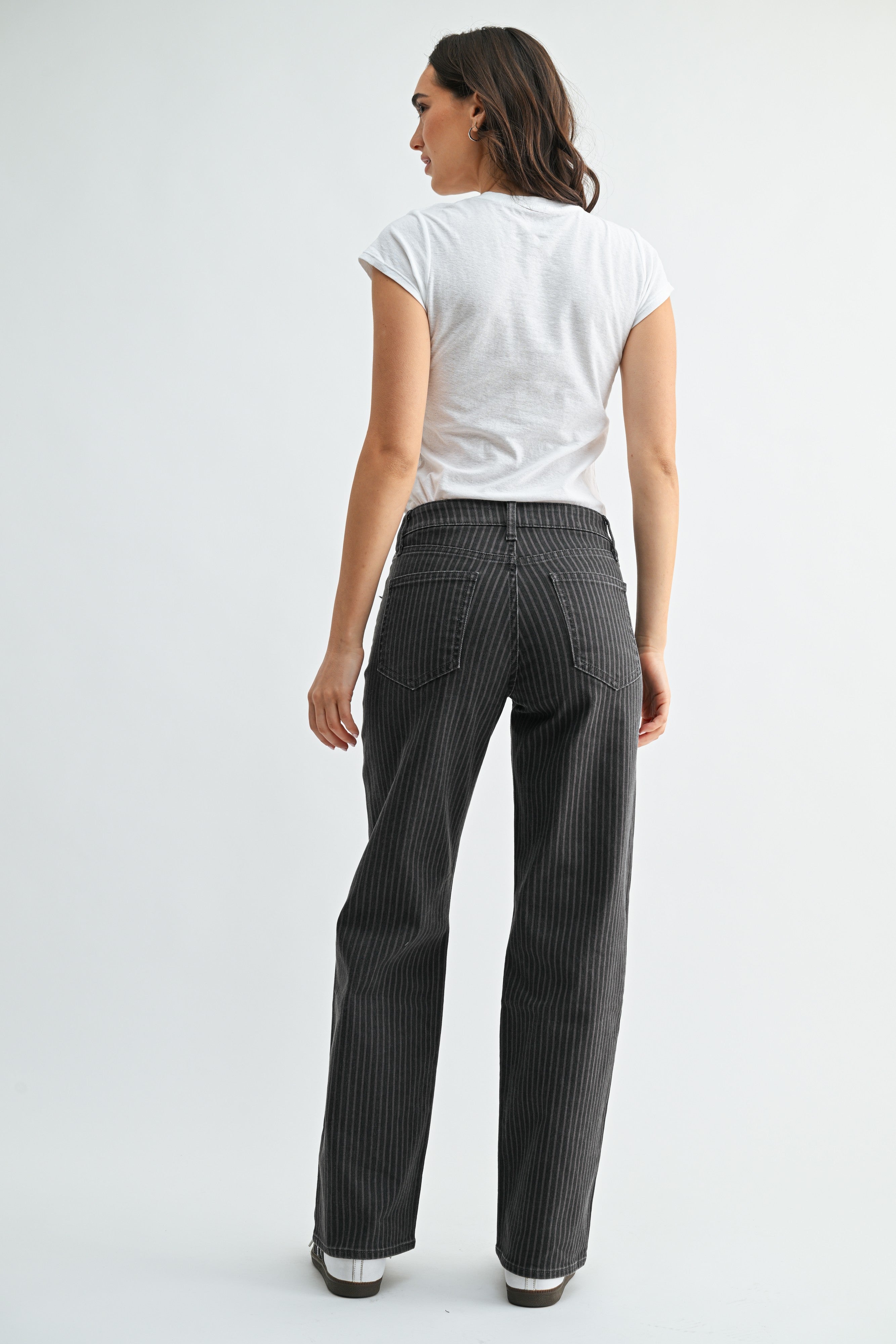High Rise Full Length Straight Denim Pants Grey Stripe