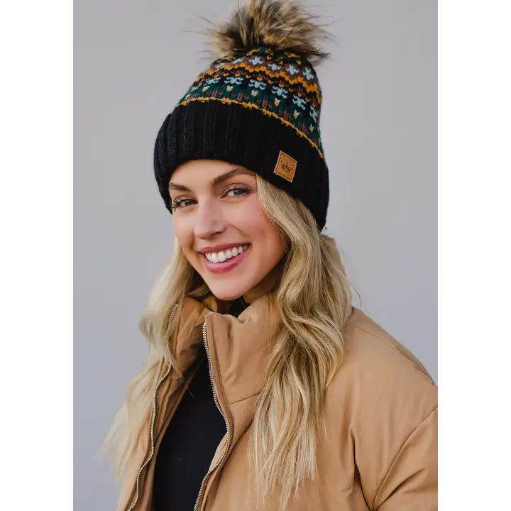 Multi Colored Patterned Pom Hat Black