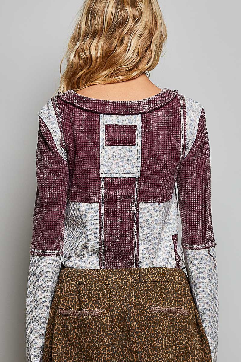 Patchwork Waffle Knit Floral Long Sleeve Top Blood Red Multi