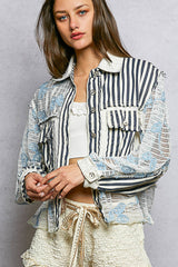 Floral Embroidered Lace Patchwork Jacket Striped Indigo