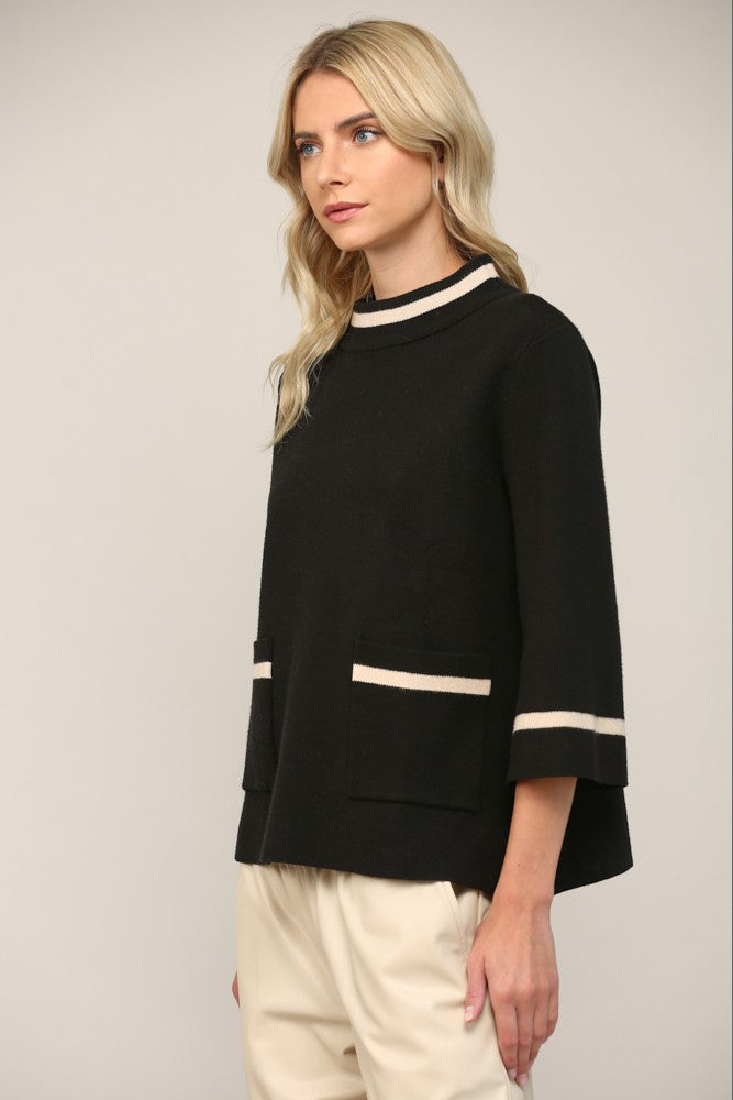 Contrast Lurex Detail Mock Neck Sweater Black Gold