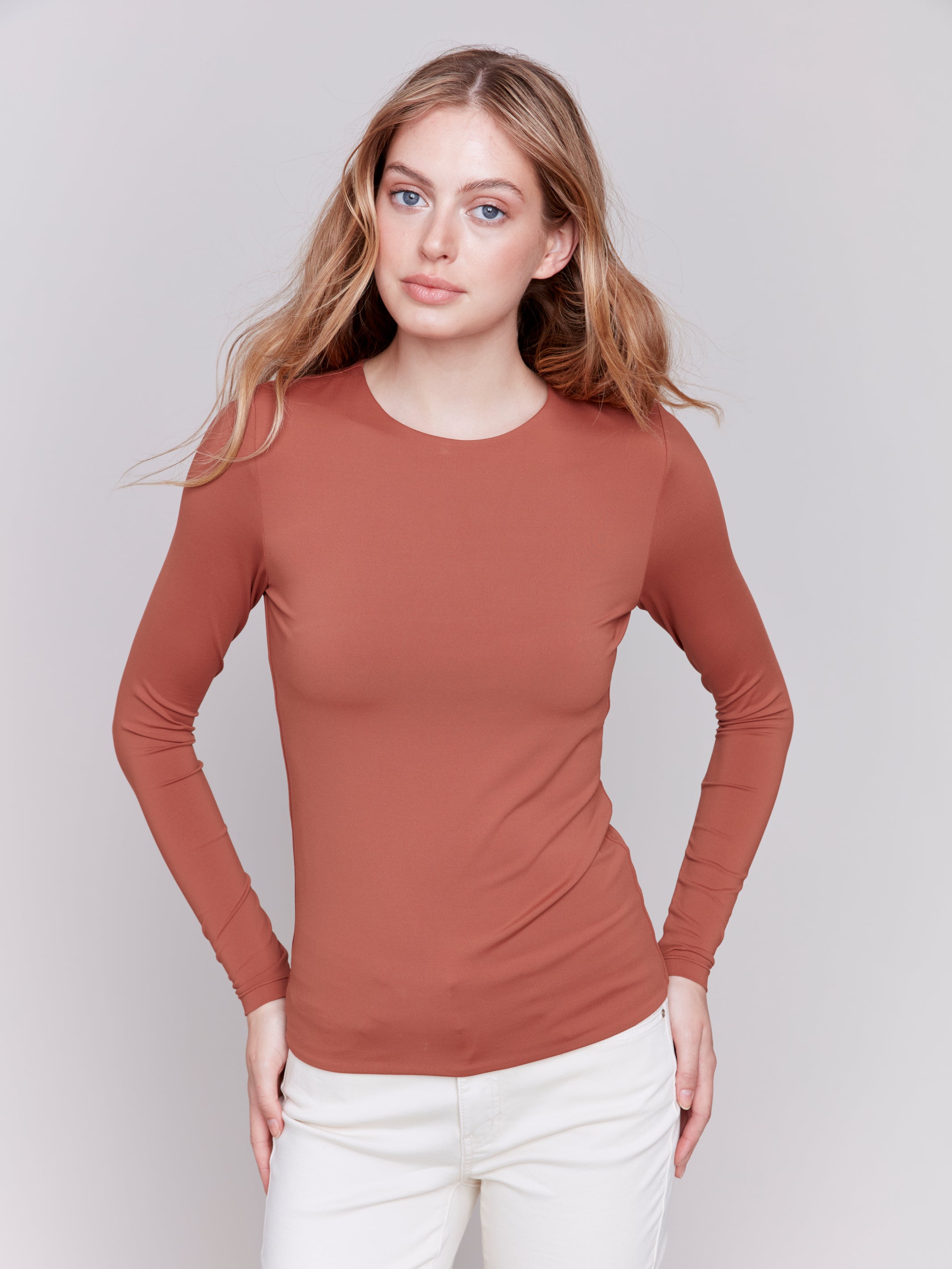 Super Stretch Knit Long Sleeve Top Terracotta