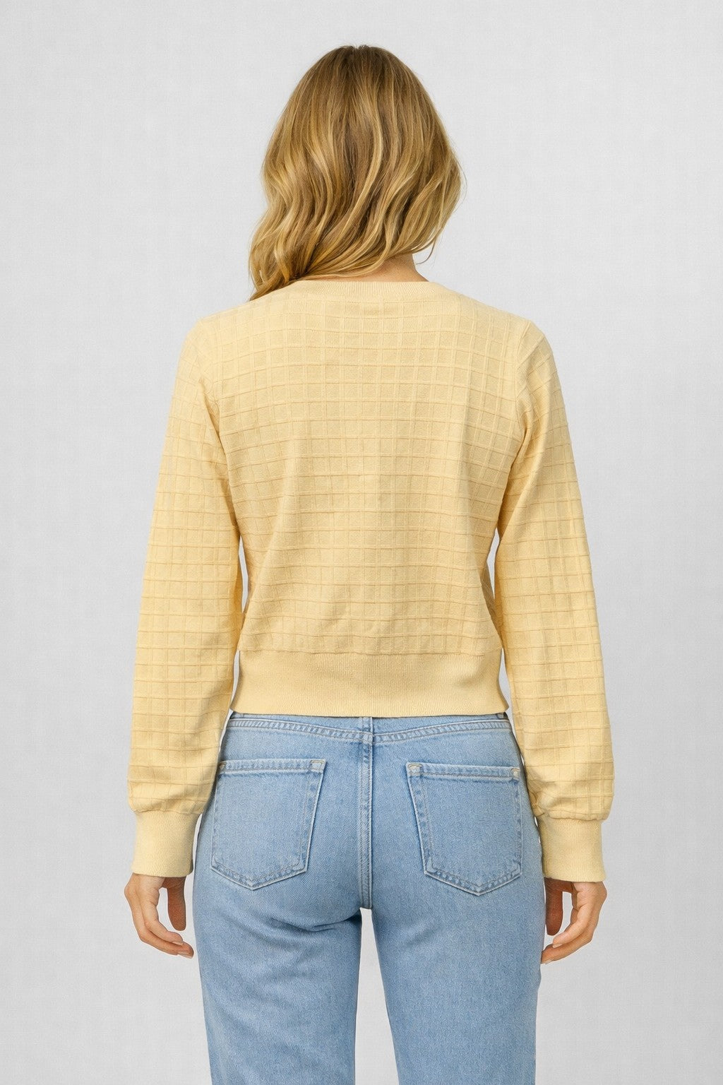Textured Grid Buttoned Knit Cardigan Yellow