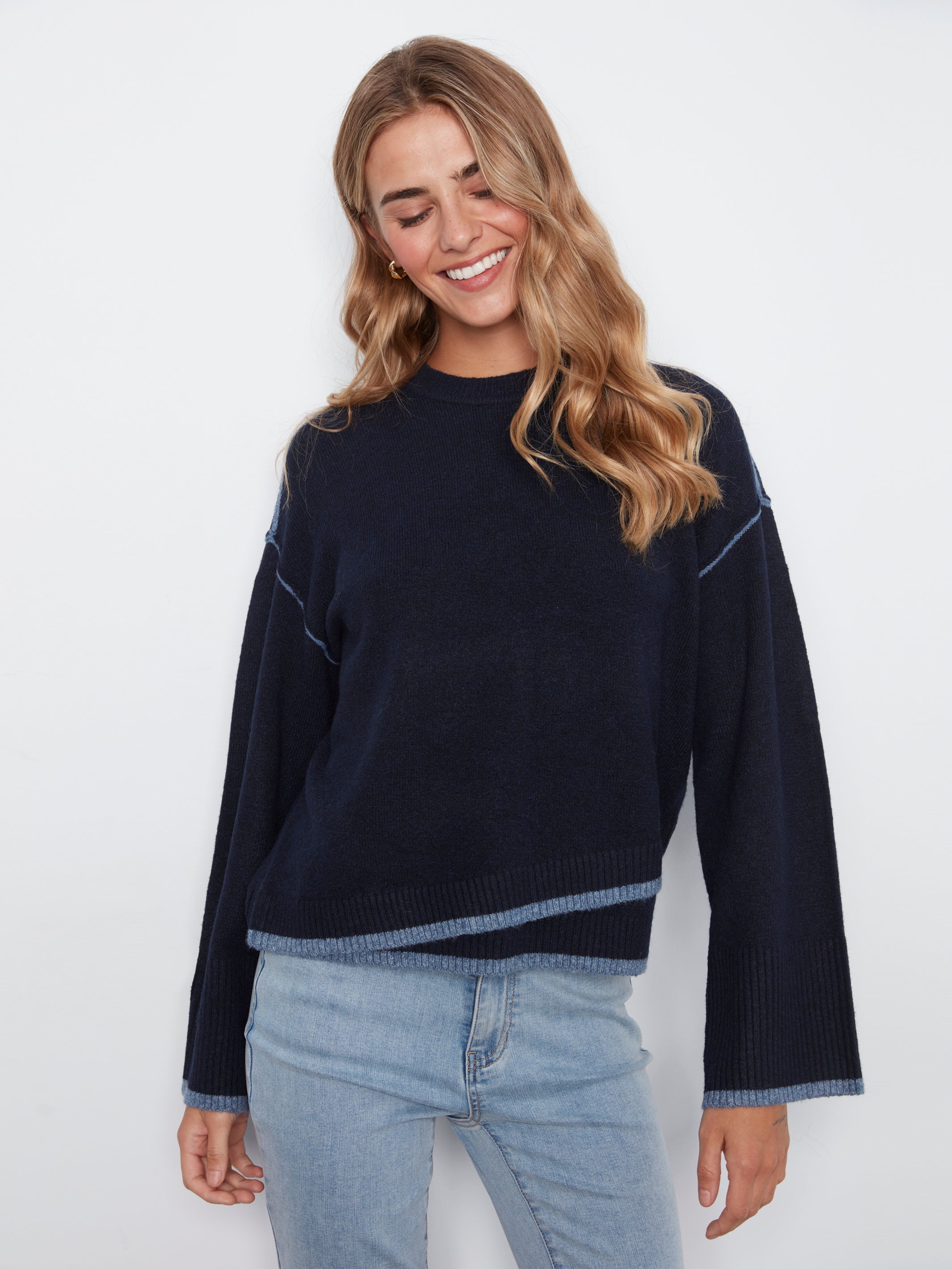 Wide Long Sleeve Asymmetric Contrast Hem Detail Sweater Navy