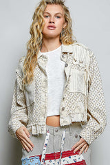 Printed Twill Sweater Contrast Ruffle Jacket Natural