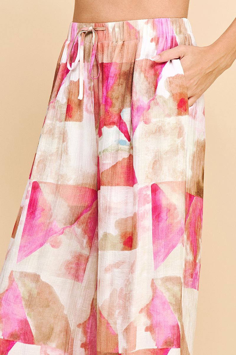 Abstract Print Wide Leg Pants Pink Multi