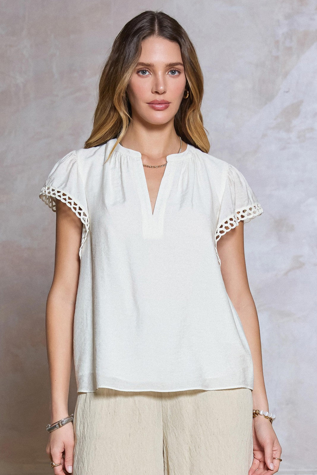 Flowy Crochet Detail Short Sleeve Blouse Off White
