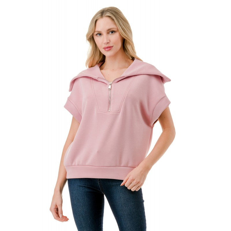 Short Sleeve Quarter Zip Scuba Top Pink