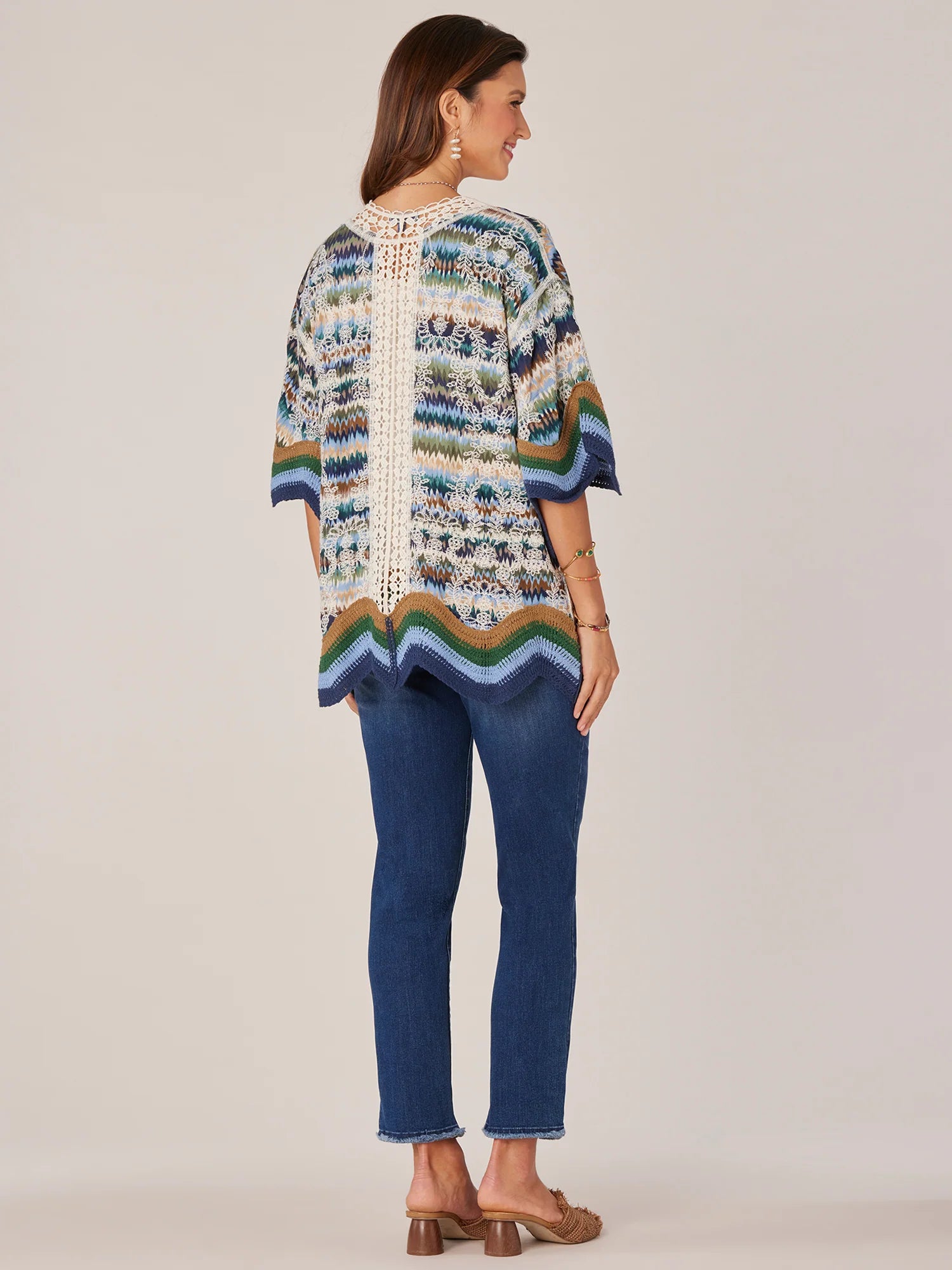 Wavy Crochet Border Printed Kimono Navy + Mocha Multi