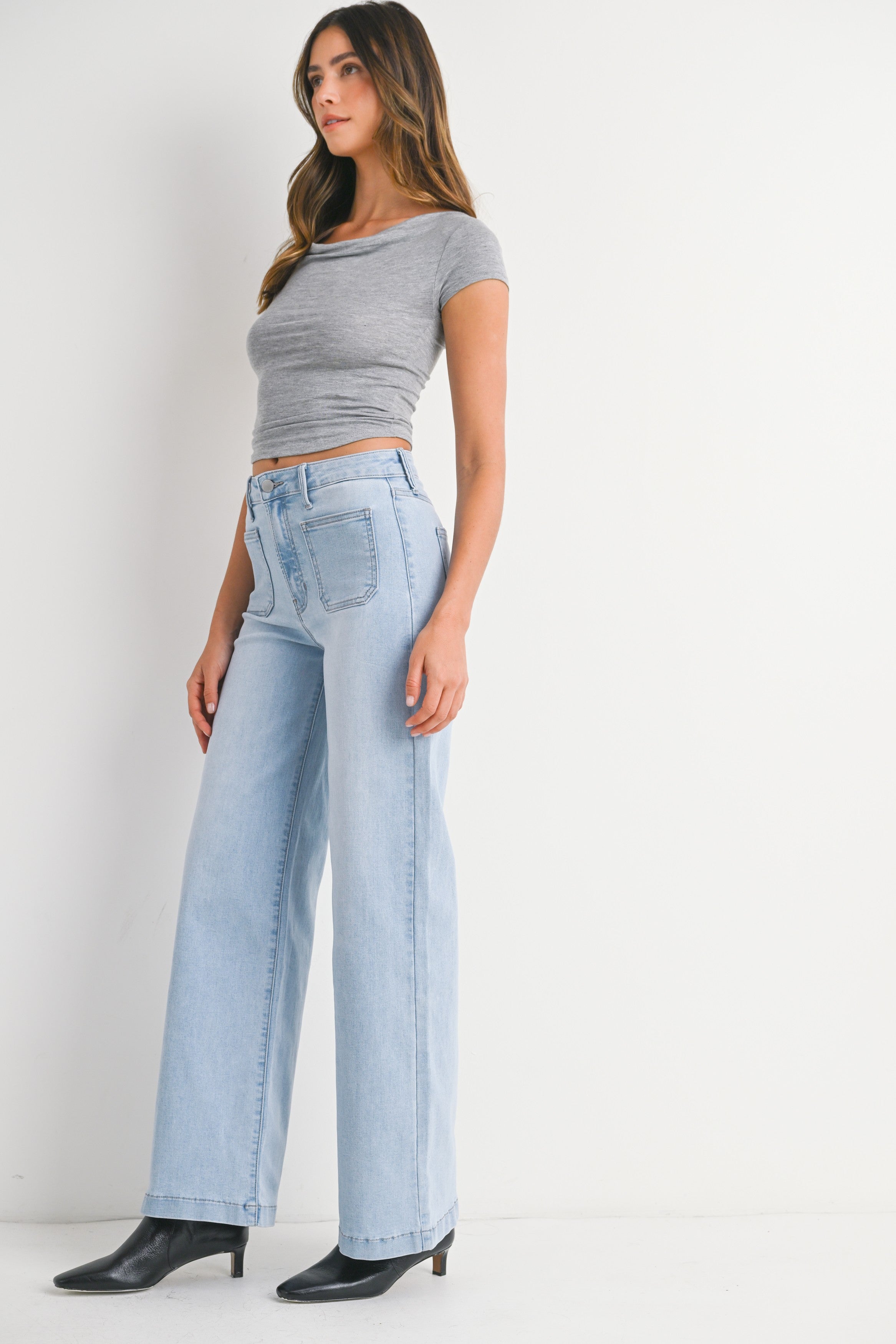 Mini Patch Pocket Wide Hem Flare Jeans Light Denim
