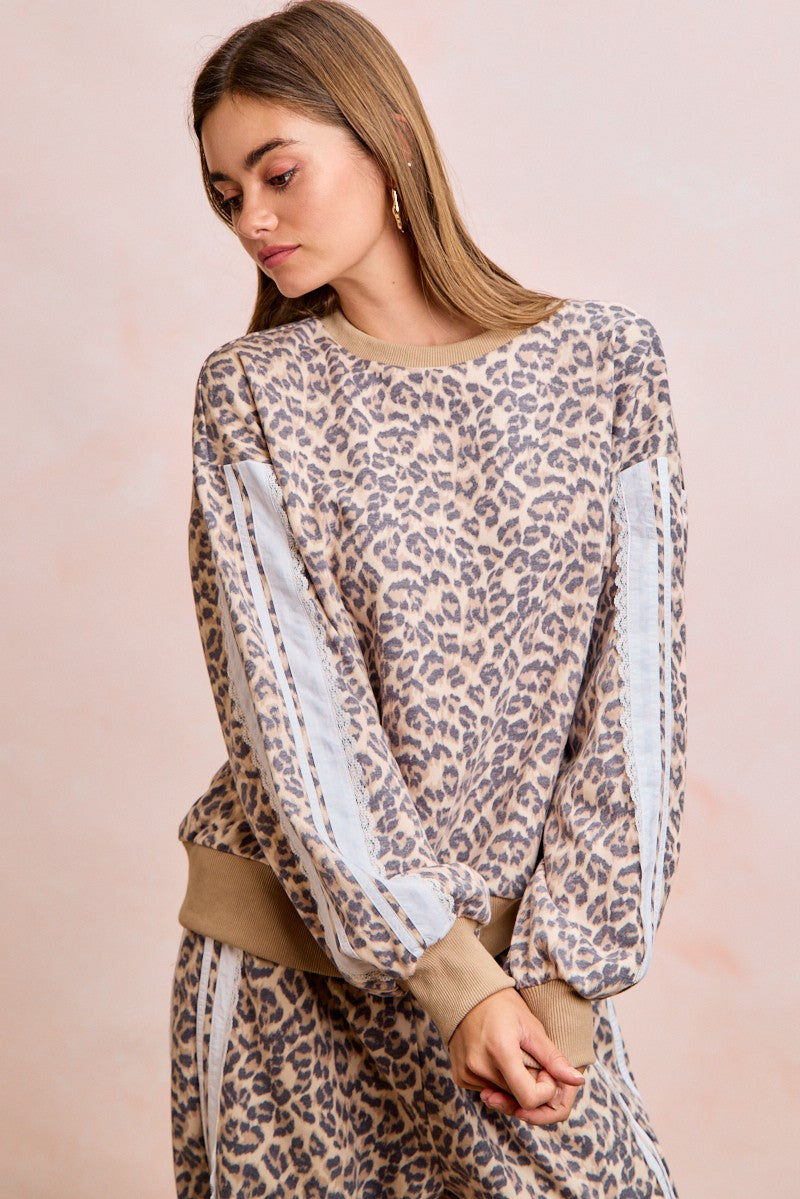 Leopard French Terry Lace Contrast Sweatshirt Top Leopard