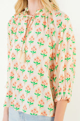 Stemmed Floral 3/4 Sleeve Tassel Top Cream