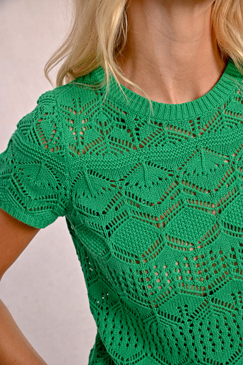 Open Crochet Knit Short Sleeve Top Green