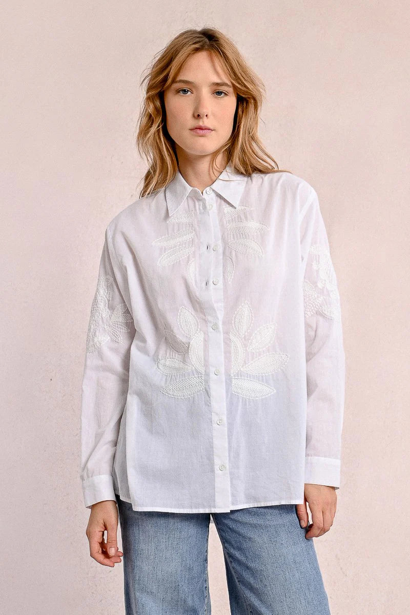 Stitched Floral Details Button Down Shirt White