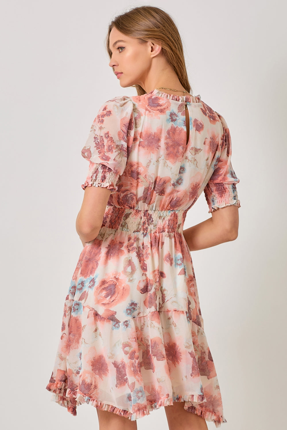 Painted Floral Ruffle Detail Short Sleeve Dress Ivory + Washed Red