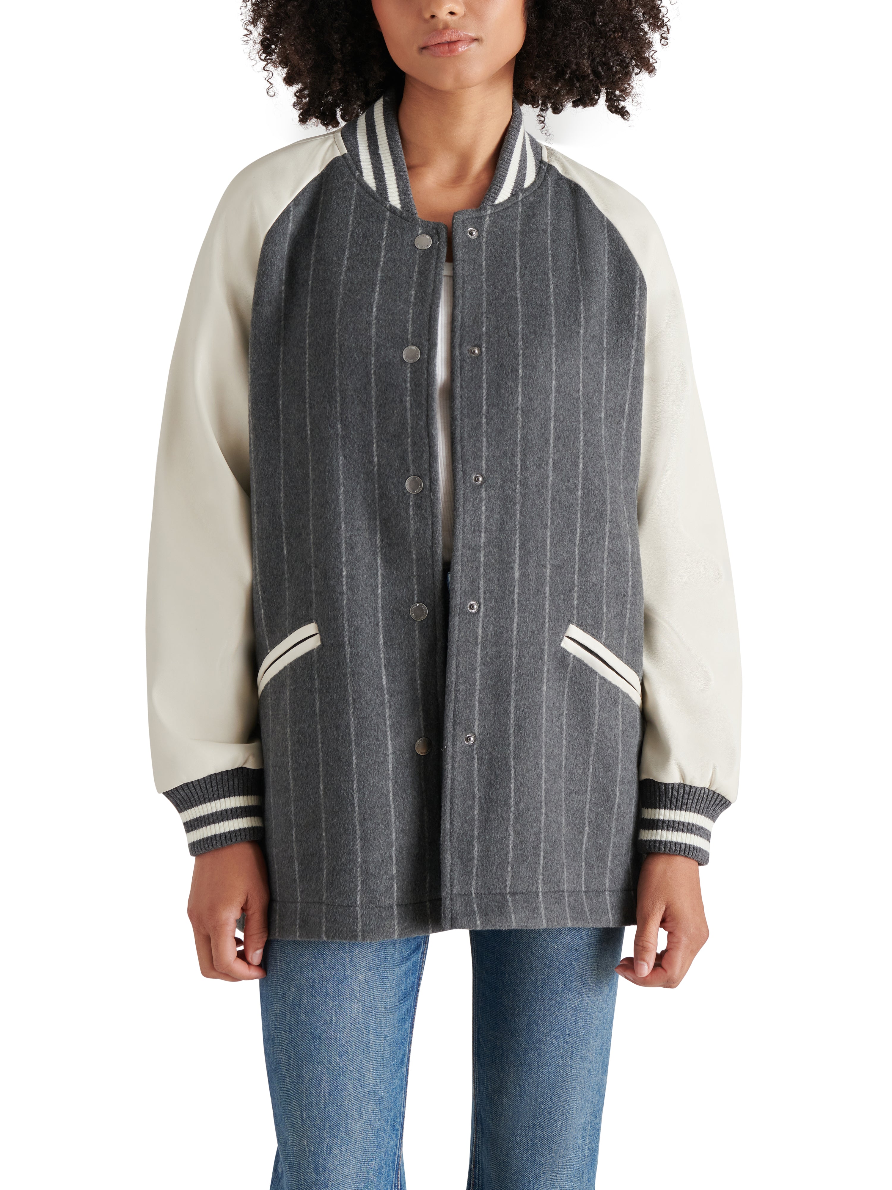 Skylie Brushed Pinstripe Stadium Jacket Grey