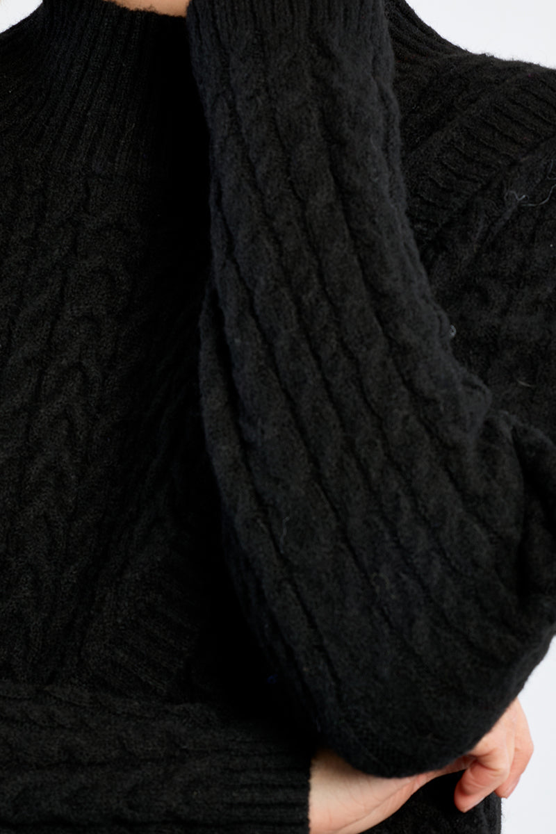 Cable Knit Crossover Mock Neck Sweater Black