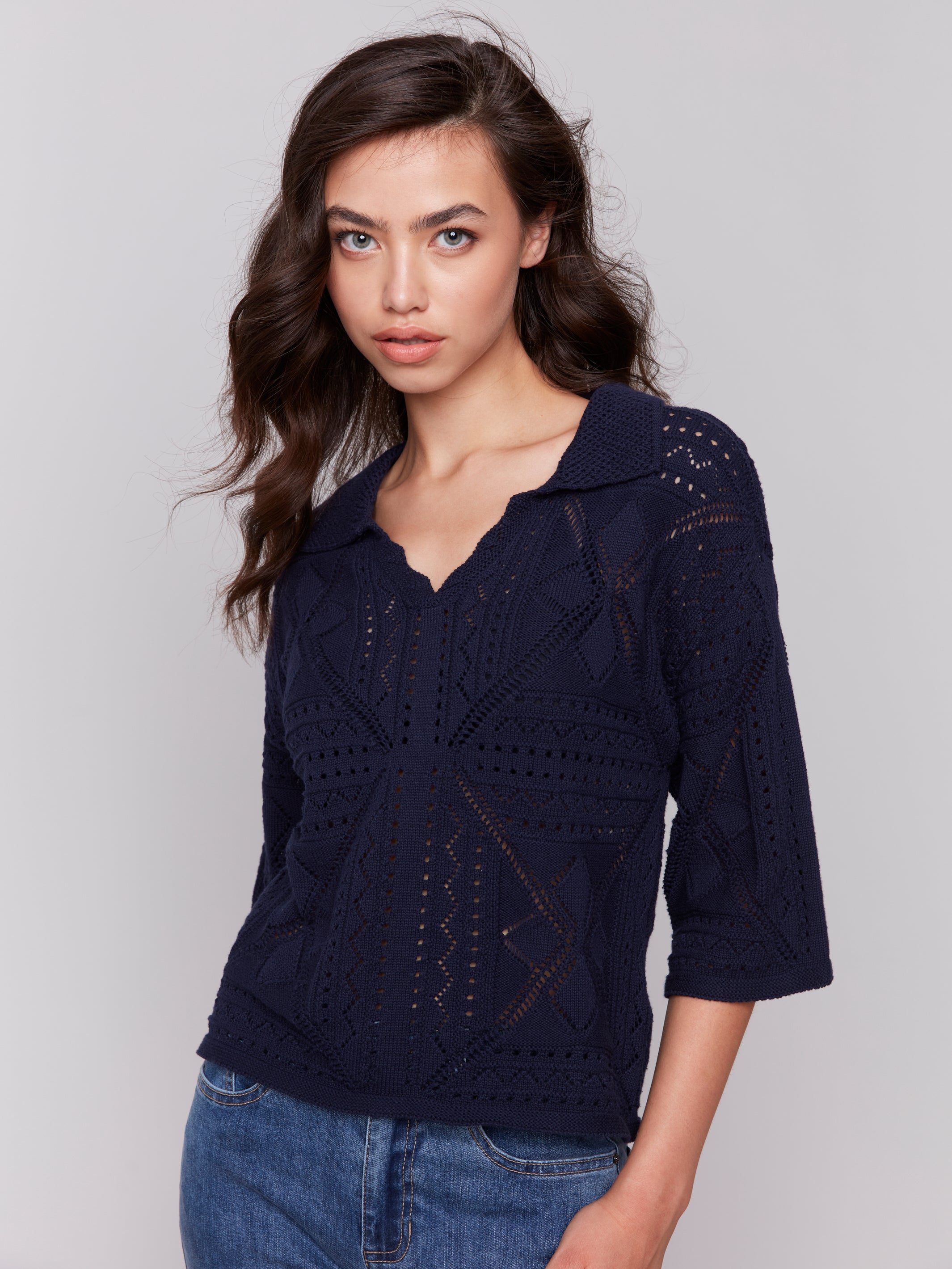 Johnny Collar Pointelle Sweater Top Navy