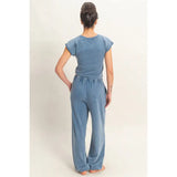 Rolled Sleeve Wrap Front Crop Top Jogger Set Navy