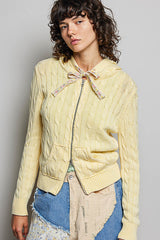 Floral Lace String Cable Knit Zip Hoodie Sweater Pineapple