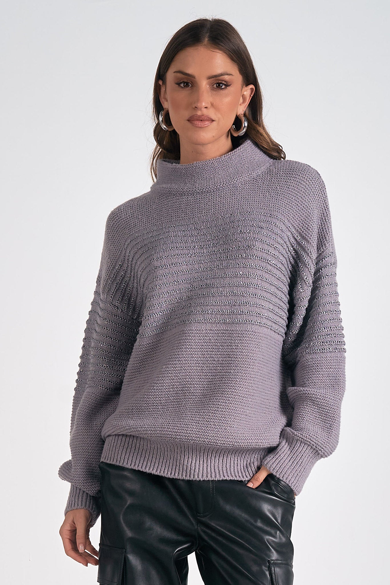 Textured Mock Neck Shimmer Sweater Dark Grey