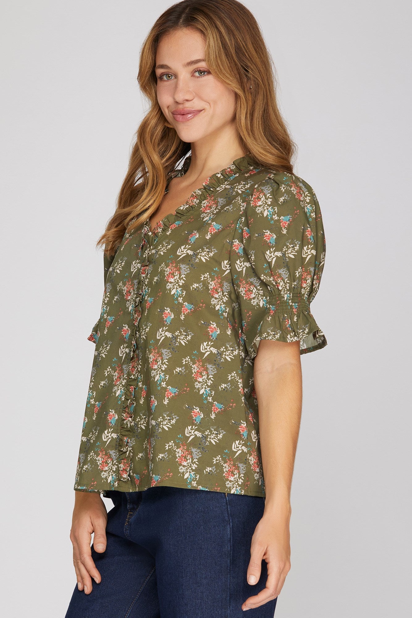 Short Sleeve Ruffle Neck Ditsy Floral Top Olive