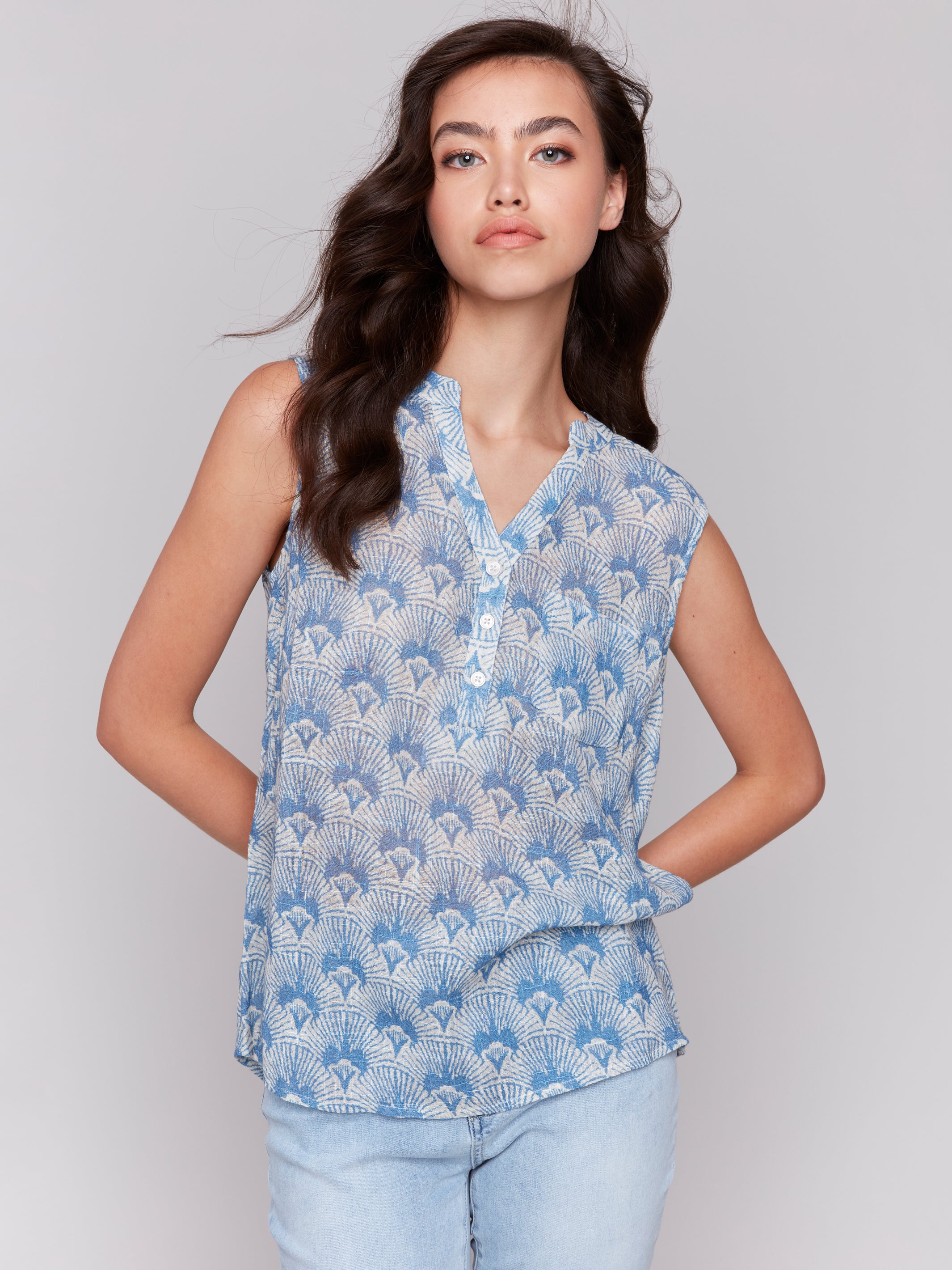 Printed Chest Pocket Sleeveless Top Tapestry