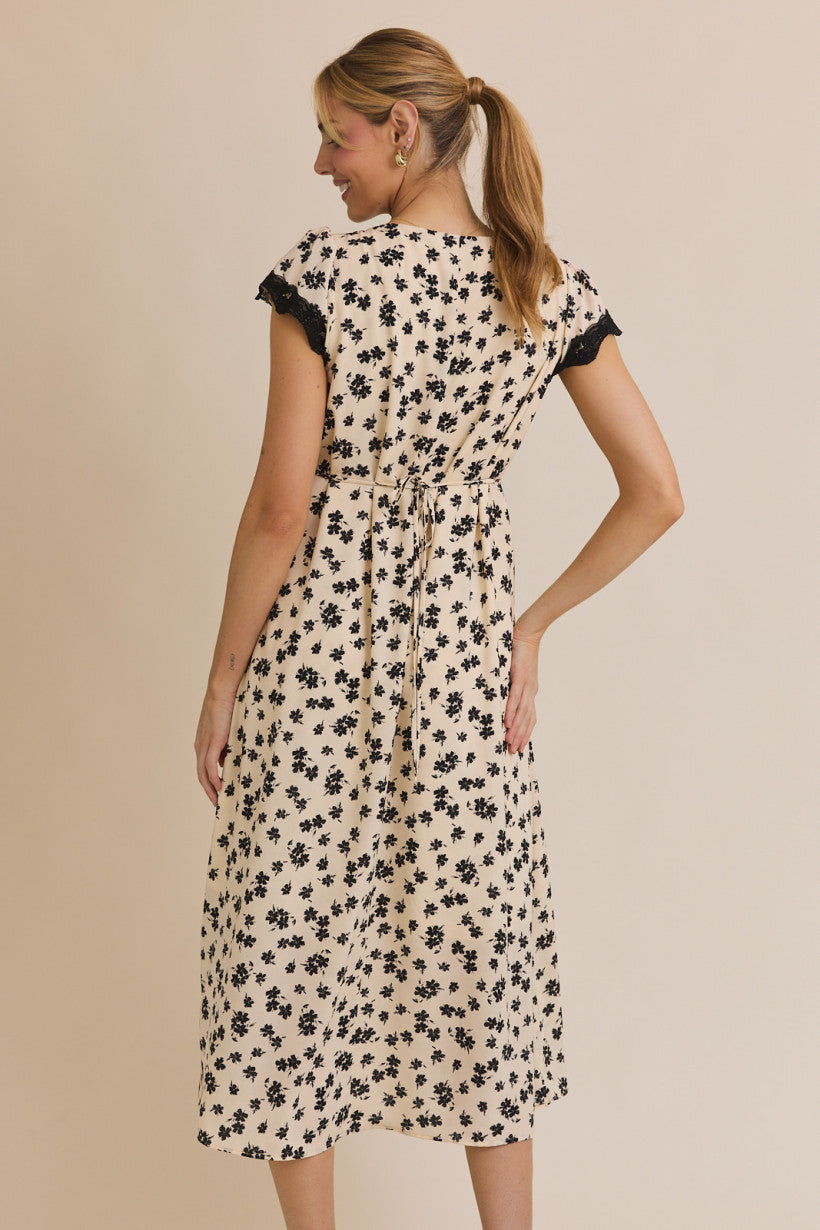 Vneck Short Sleeve Lace Trim Floral Print Midi Dress Cream + Black