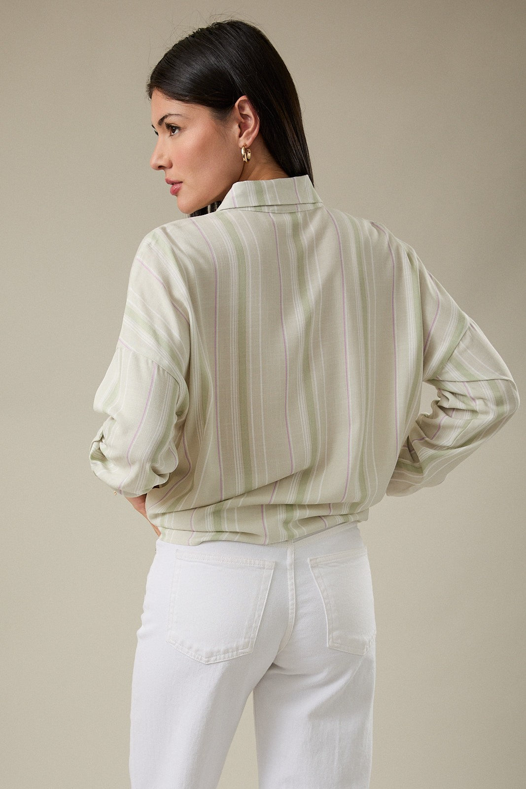 Rolled Sleeve Button Down Stripe Top Sage Stripe